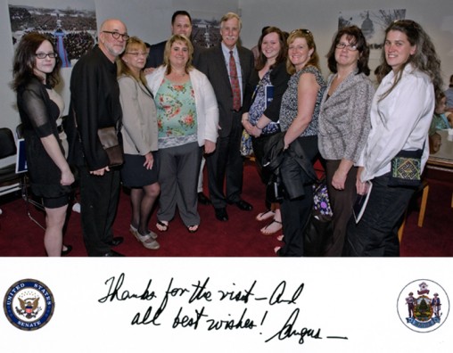 (l-r) Janice Grans, faculty member Dr. Stephen Gilson, Debra Rainey, Marnie Morneault, John Wilcox, Senator Angus King, Tiffany Belanger, Jennifer Cammack, interdisciplinary training director Susan Russell, and Jennifer Maeverde.