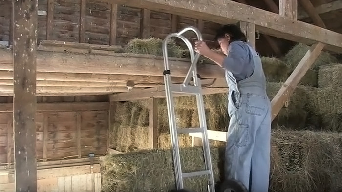 Liz DePoy in the hayloft inher barn.