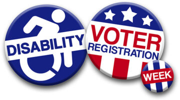 three round compaign buttons in red, white and blue, with Disability Voter Registration Week.