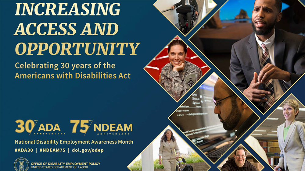 Poster for 2020 National disability Employment Awareness Month featuring individuals with disabilities in a variety of work settings.