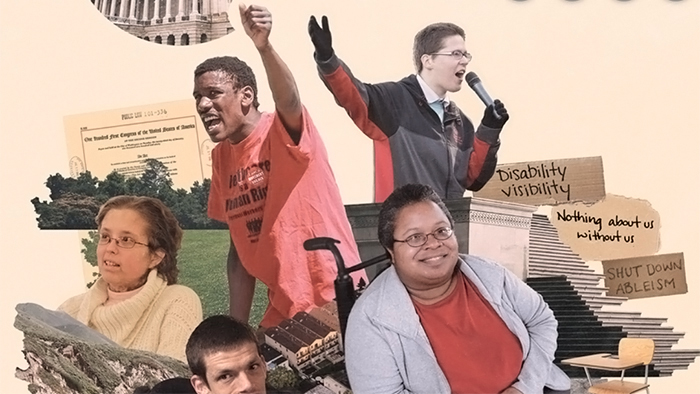 A collage of five people with disabilities advocating for their rights.