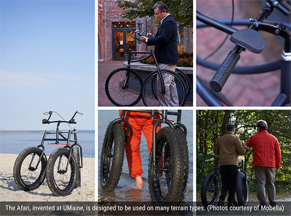 A collage of five outdoor images, some with people using the 3-wheeled Afari mobility device.