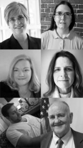 A tiled layout of square black and white headshots of 4 women and 2 men; 2 rows across and 3 rows down.