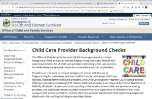 Captura de tela da página da web Verificações de antecedentes do provedor de cuidados infantis do DHHS.