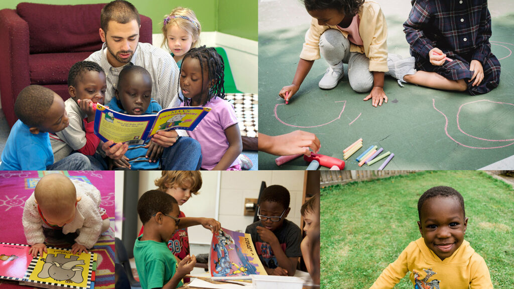 A collage of 5 images of children ranging in age from infant to 8 years, of various ethnicities. The children are playing outside, having a book read to them by a child care provider, and others are looking at books.