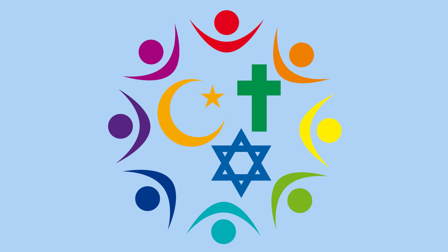 A center cluster of religious symbols for Islam (Crescent and Star), Christianity (Cross) and Judaism (Star of David) surrounded by a circle of eight abstract symbols of people with their arms raised.