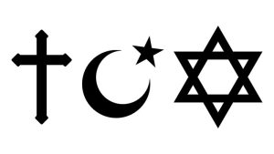 Graphic of the Christian Cross, Islamic Crest and Star and the Jewish Star of David.
