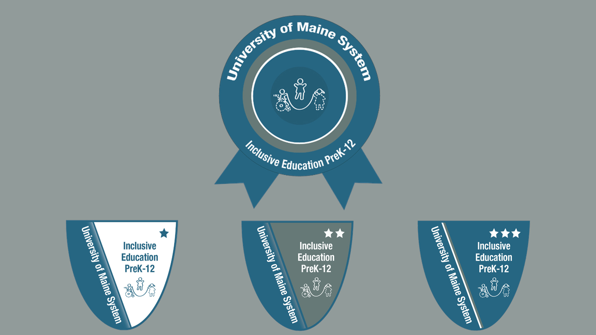 The Univesity of Maine System Inclusive Education PreK-12 micro-credential ribbon with the Level 1, 2 and 3 badges under the ribbon.