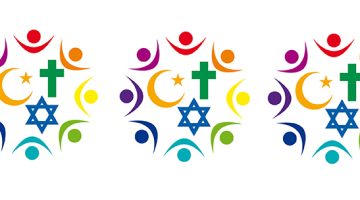 Three repeating illustrations of eight people forming a circle around three religious symbols: a crescent with a star (Islam); a cross (Christianity); and a Star of David (Judaism).