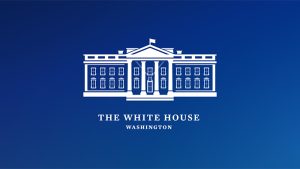 White illustration of The White House on a dark blue background with text that reads, "The White House, Washington".