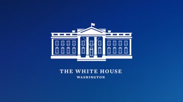 White illustration of The White House on a dark blue background with text that reads, "The White House, Washington".